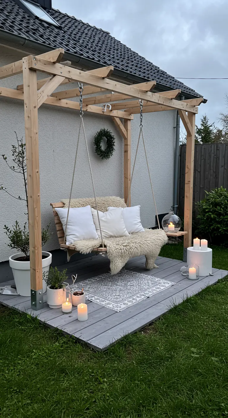Lichte houten pergola met schommelbank, schapenvachten, witte kussens en veel sfeervolle kaarsen.