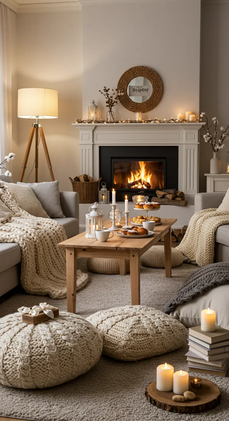 Knusse woonkamer met open haard, zachte plaids, kussens en kaarsen rond een houten salontafel.