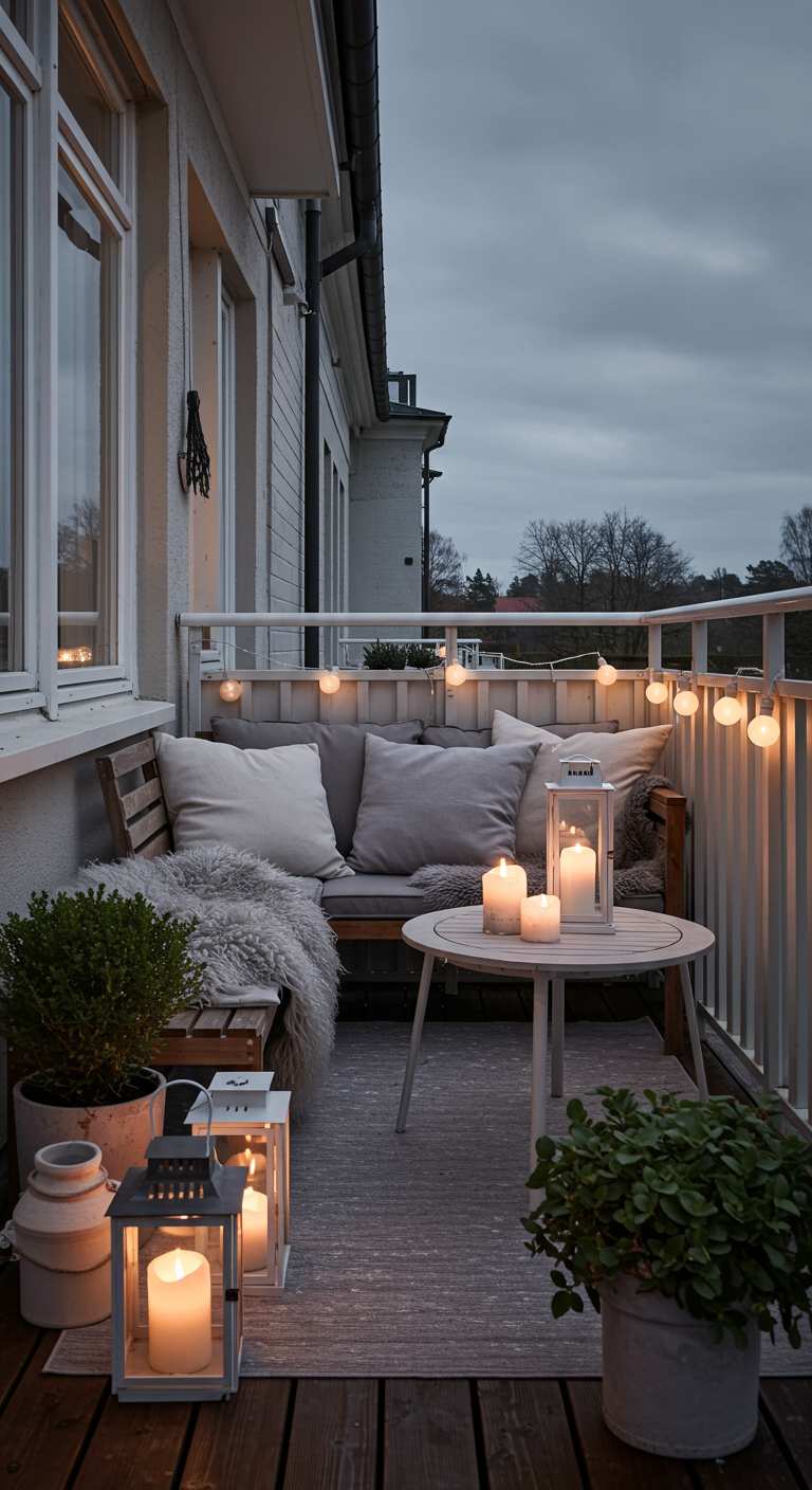 Knus klein balkon met houten bank, grijze kussens, lantaarns en lichtsnoer in de avond.
