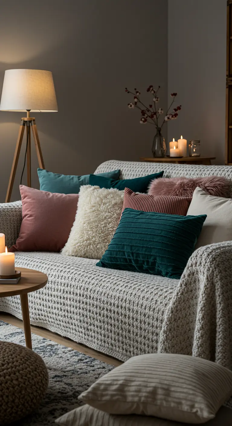 Gezellige bank met diverse getextureerde kussens in pastel- en crèmekleuren bij kaarslicht.