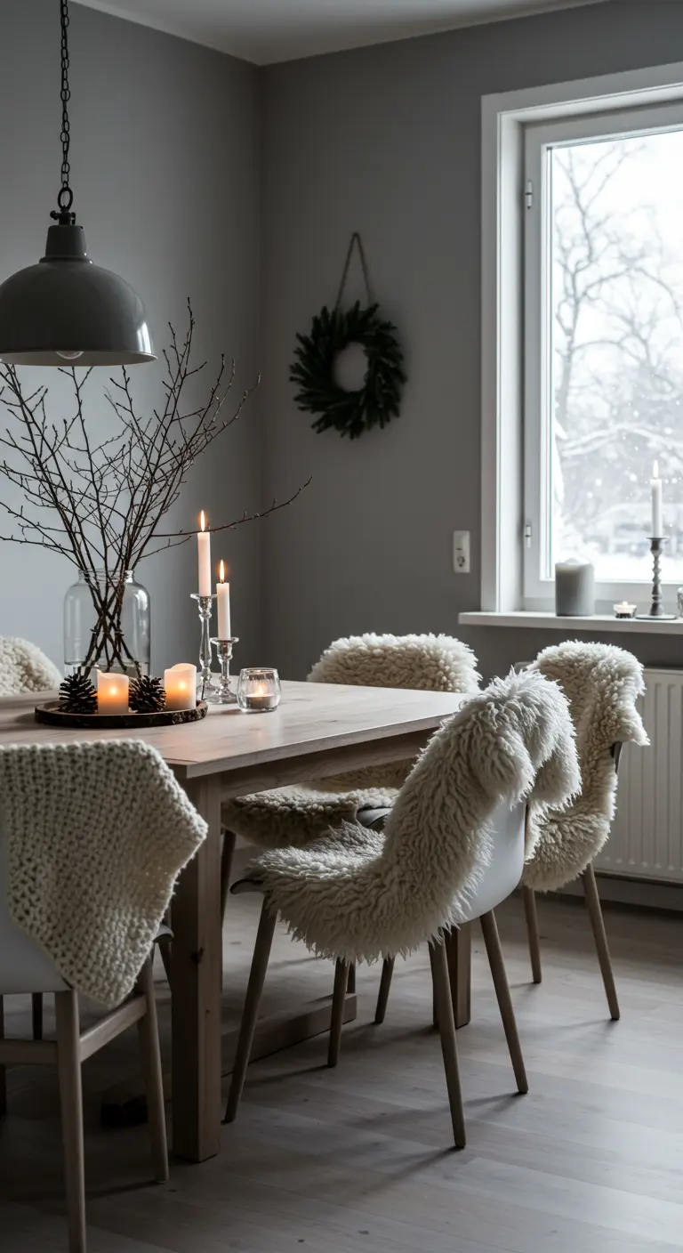 Scandinavische winter eethoek met schapenvachtjes op stoelen, kaarsen en takken decoratie.