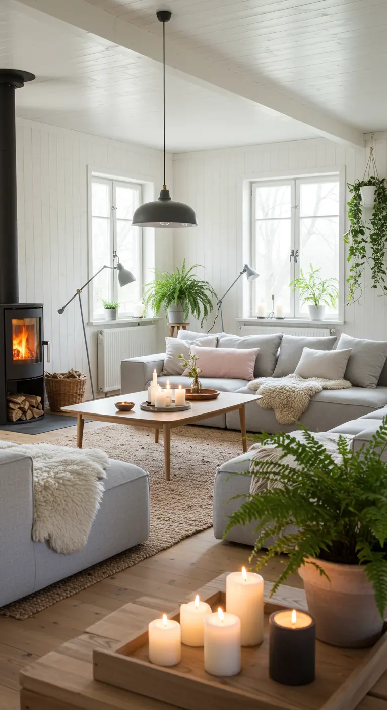 Lichte Scandinavische woonkamer met houtkachel, planten en kaarsen.