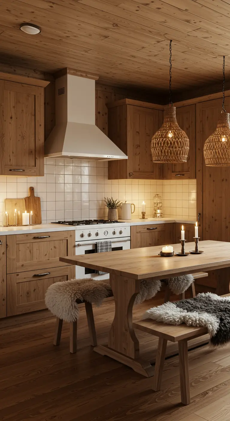 Warme houten Scandinavische keuken en eethoek met schapenvachtjes.