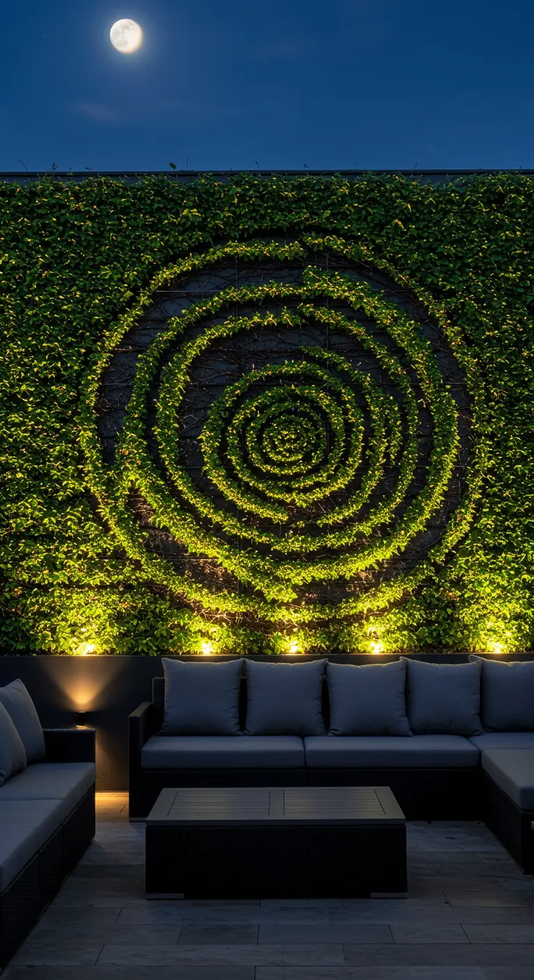 Grote groene wand waarin een klimplant in een spiraalvorm is geleid, 's nachts verlicht.