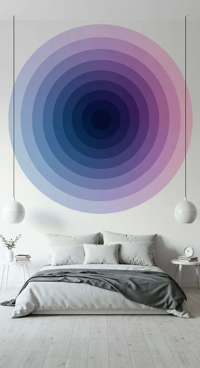Witte slaapkamer met een grote cirkelvormige kleurverloop muurschildering.