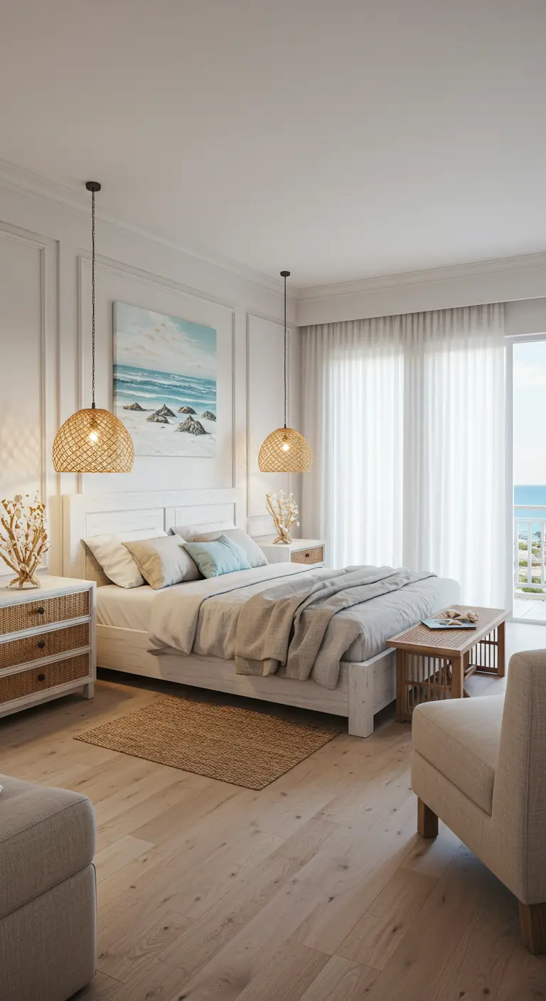 Lichte slaapkamer in Ibiza-stijl met rotan hanglampen en uitzicht op zee.