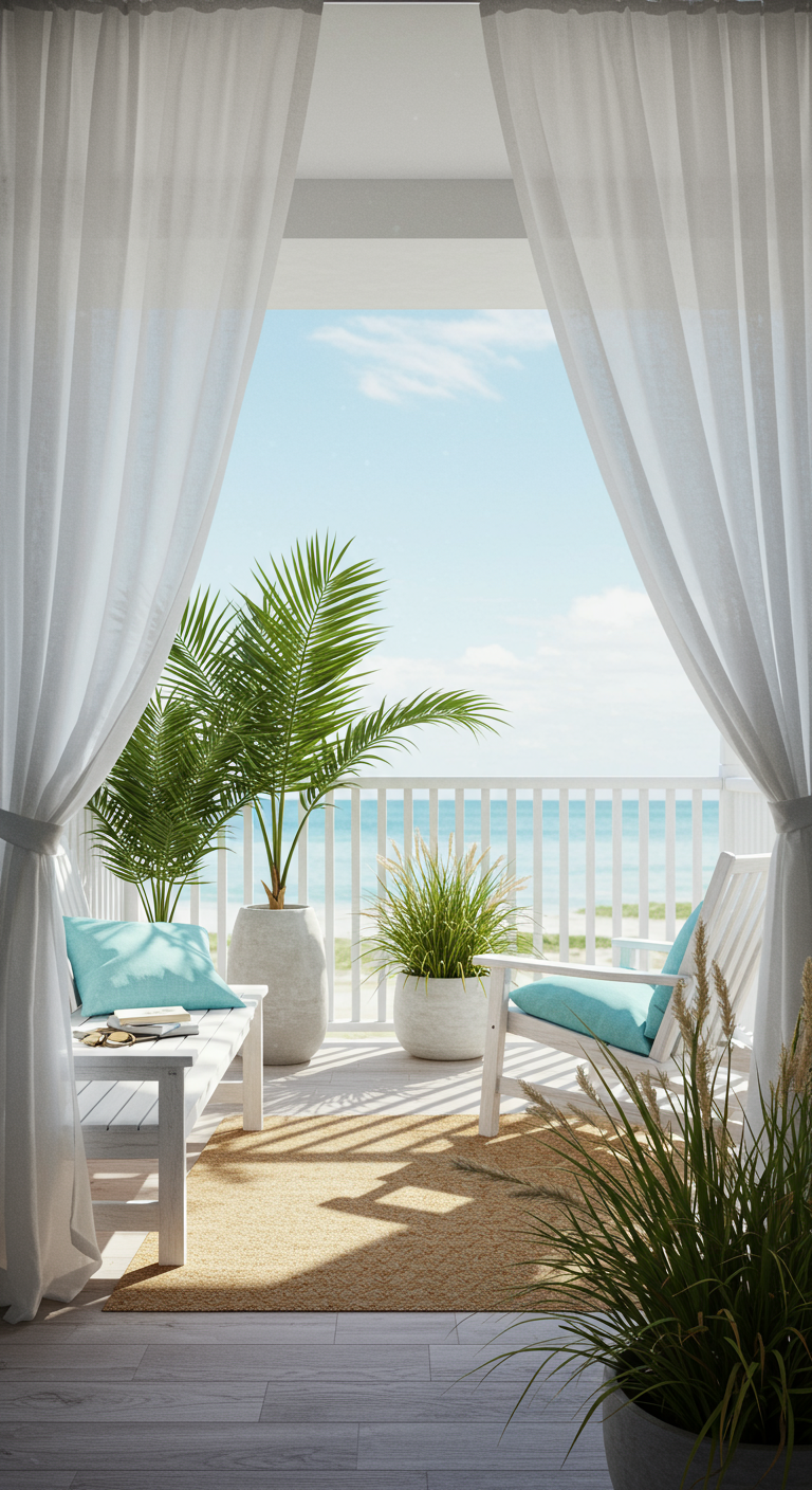 Wit balkon met uitzicht op zee, witte meubels, palmen en wapperende witte gordijnen.