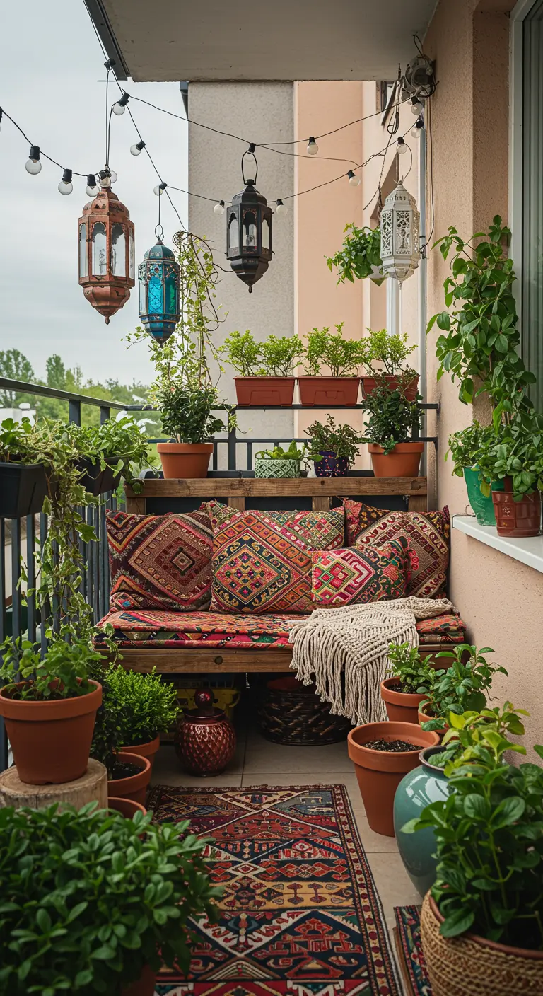 Balkonbank met bonte kussens, kelim, lichtsnoer en veel planten.