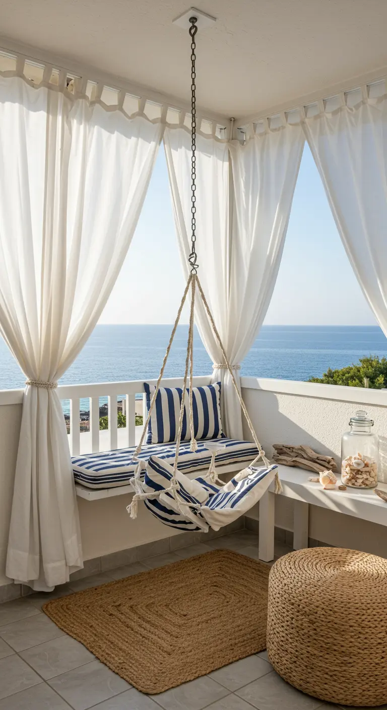 Balkon met witte gordijnen, hangmat-stoel met blauw-witte kussens en uitzicht op zee.