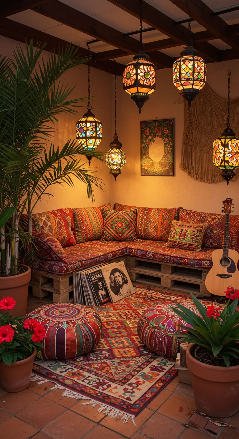 Bohemian buitenlounge met palletbank, kleurrijke kussens, oosterse lantaarns en een gitaar.