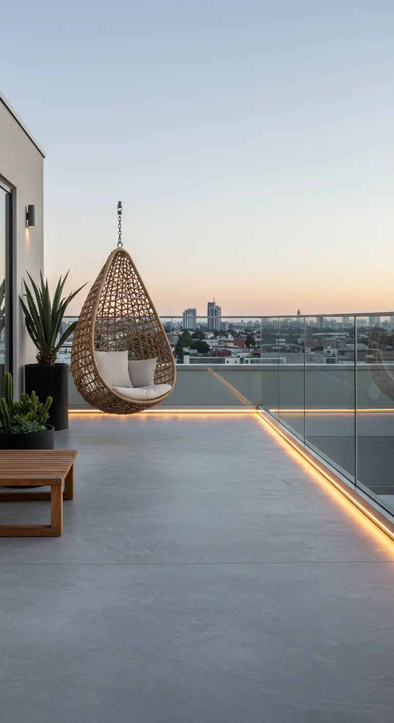 Witte houten schommelbank met macramé kussens en lichte styling op een Ibiza-stijl veranda.