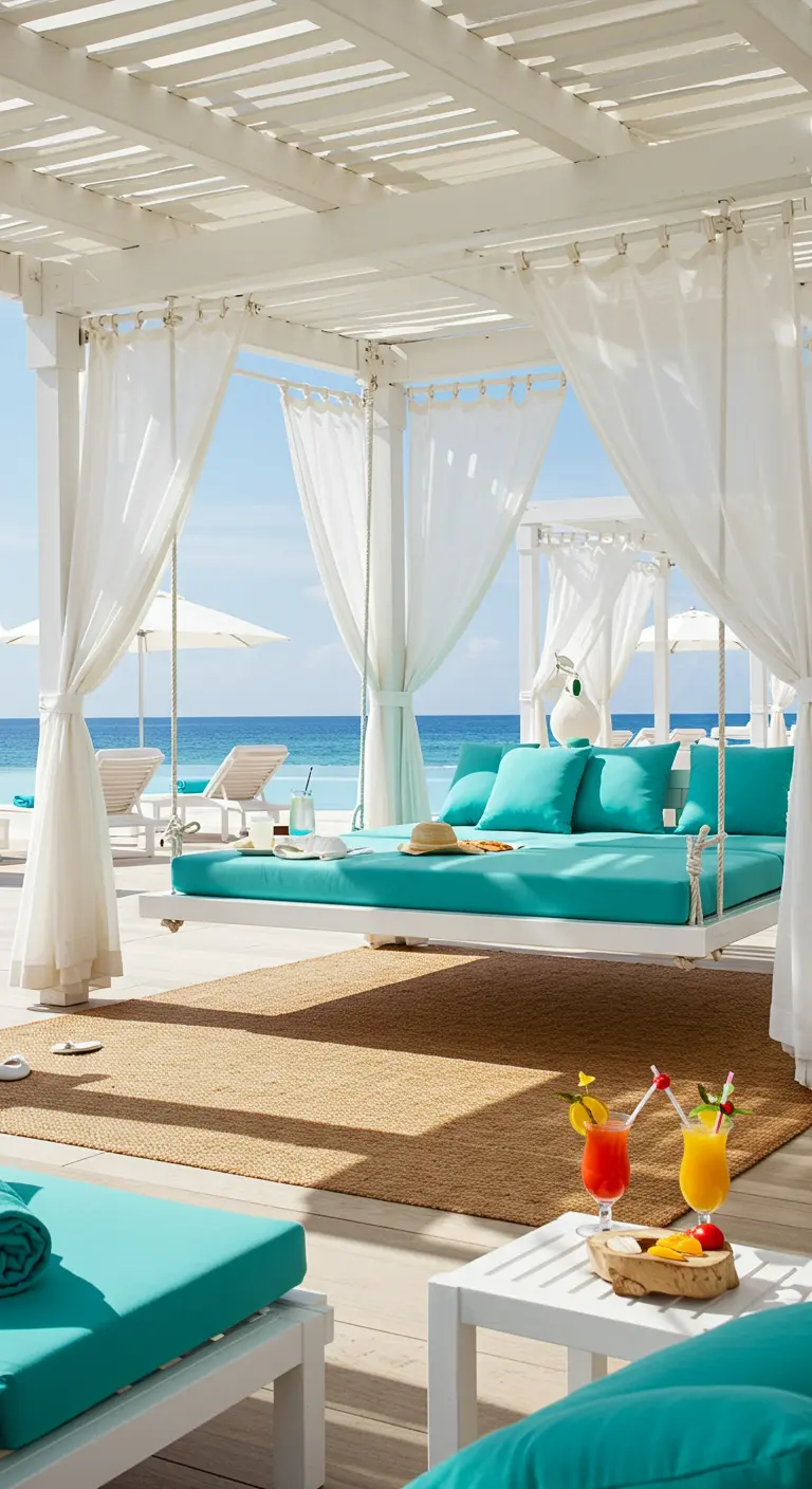 Wit houten schommelbed met turquoise kussens en een jute kleed in een beachclub-stijl setting.