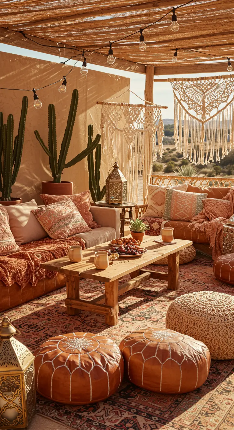 Woonkamer in boho stijl met aardetinten, cactussen, macramé en lichtsnoer.