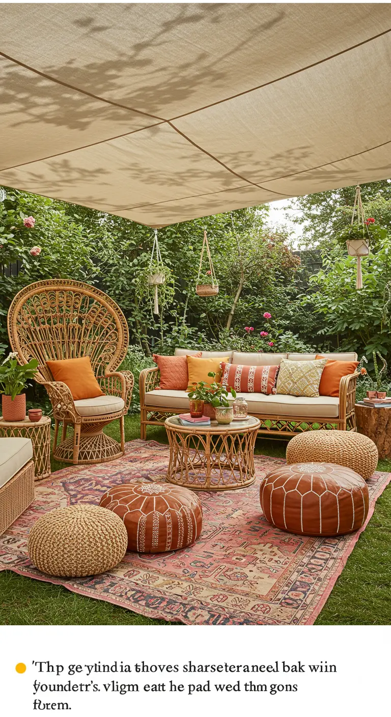 Bohemian tuinsetting met rotan peacock chair, loungebank, kleden en poefs onder schaduwdoek.