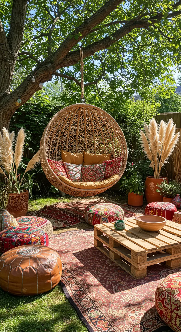 Grote rotan hangstoel onder boom in tuin, omringd door poefs, pallettafel en pampasgras.