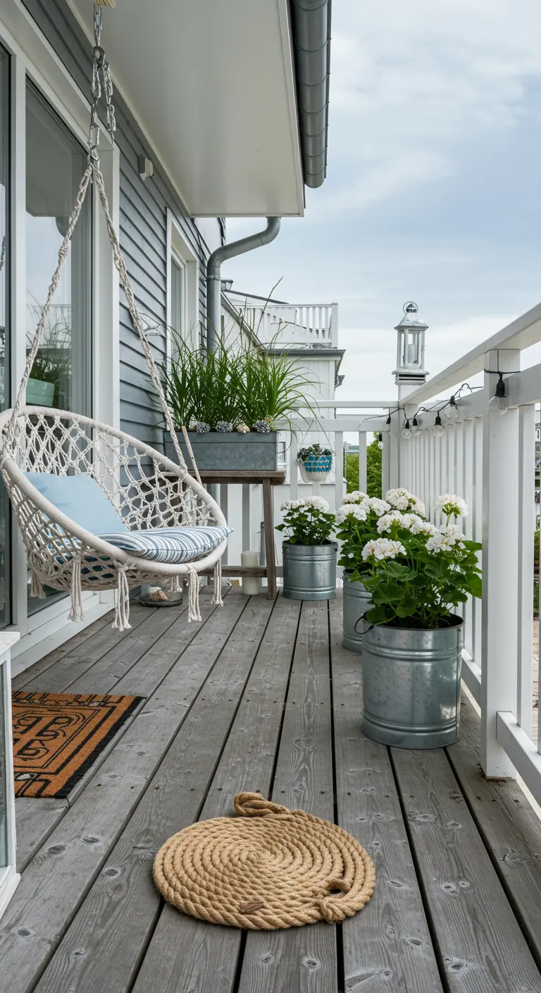 Veranda met witte houten vlonder, macramé hangstoel, en witte bloemen in zinken emmers.
