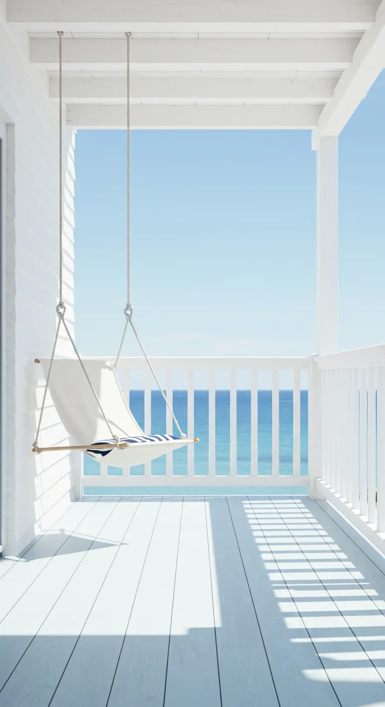 Witte stoffen hangstoel op een witte veranda met uitzicht op zee.