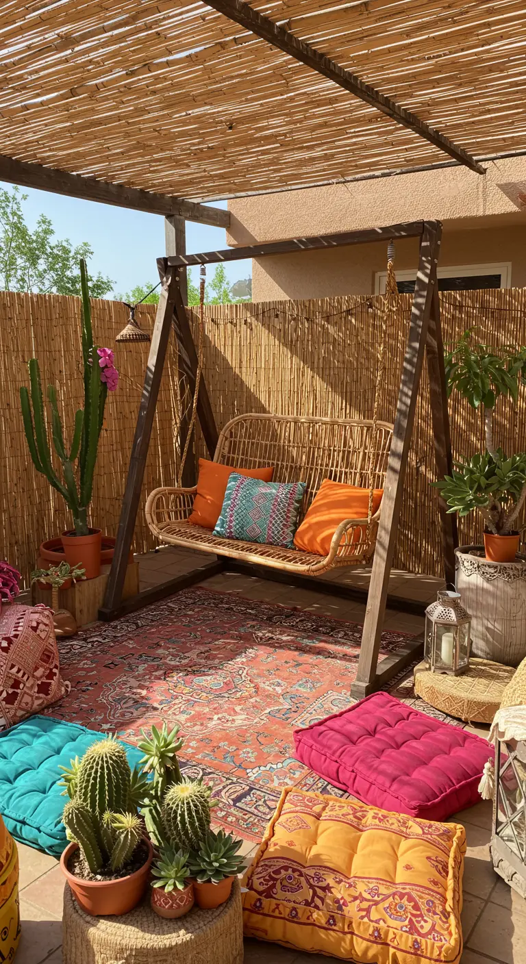 Rieten schommelbank aan houten A-frame op terras met kleurrijke kussens en cactussen.