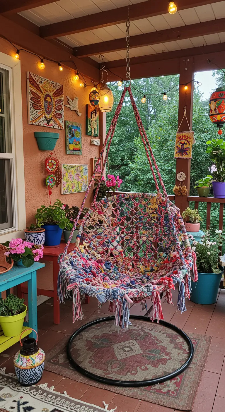 Kleurrijke, zelfgemaakte hangstoel met franjes op een veranda vol met decoratie.