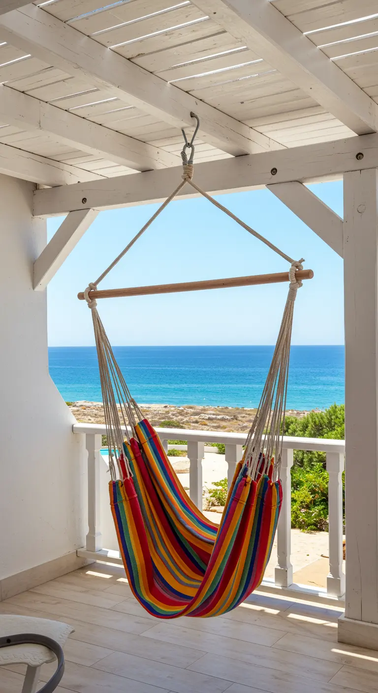 Kleurrijke gestreepte hangmatstoel onder witte houten pergola met uitzicht op zee.