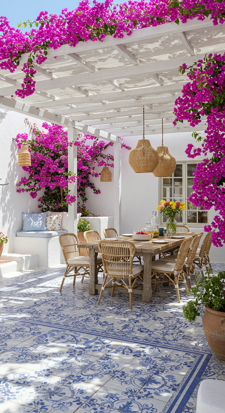 Witte pergola met fuchsia bougainvillea, rotan lampen en houten eettafel op een mediterraan terras.
