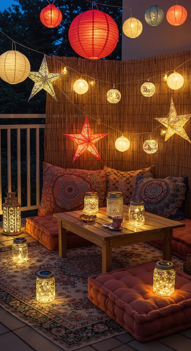Boho balkon met kleurrijke lampionnen, sterlampen en lantaarns op kussens.