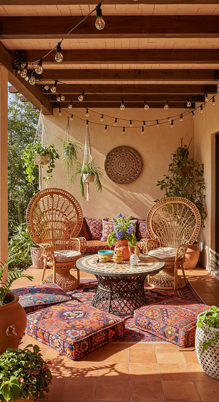 Bohemian patio met ronde mozaïek eettafel, rotan stoelen en kleurrijke kussens.