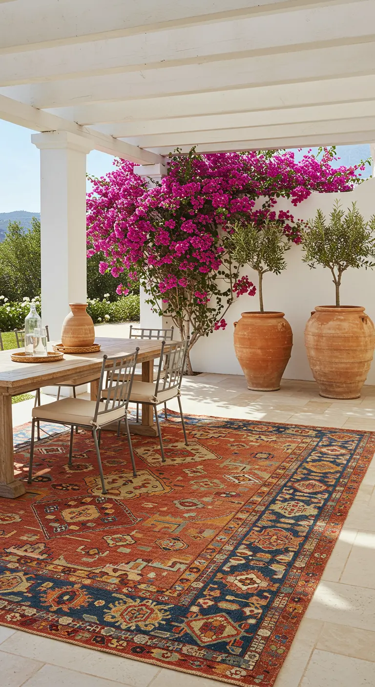 Mediterraan terras met houten eettafel op een kleurrijk Perzisch-stijl buitenkleed en roze bougainvillea.