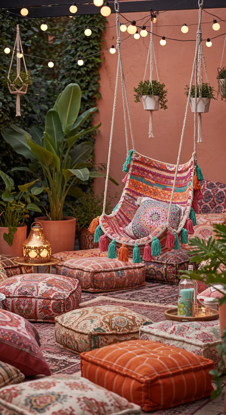 Kleurrijke boho hangstoel met kwastjes, omringd door poefs, planten en lichtslingers.
