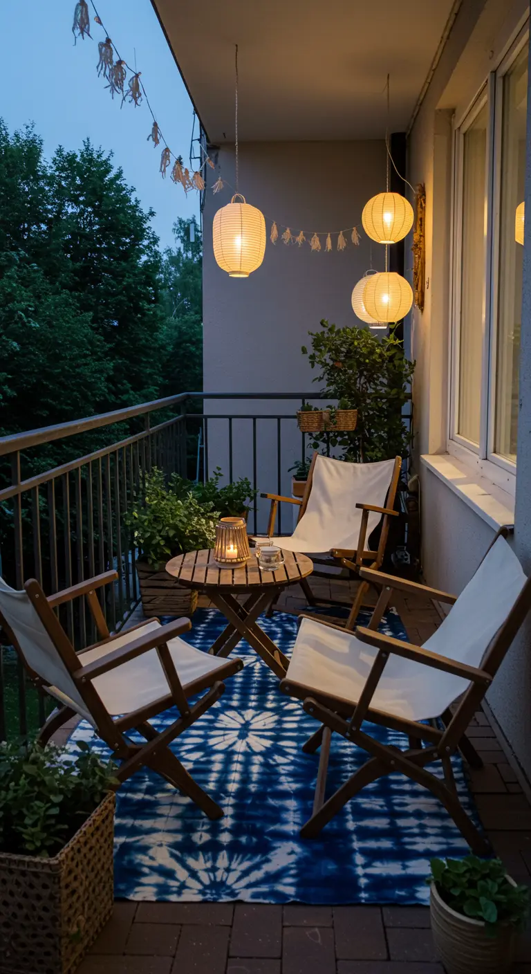 Balkon met donkerblauw tie-dye buitenkleed, houten stoelen en lampionnen.