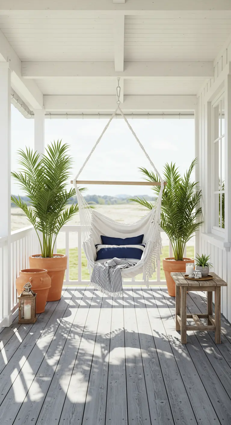 Witte hangmatstoel op veranda met palmplanten en houten bijzettafel.