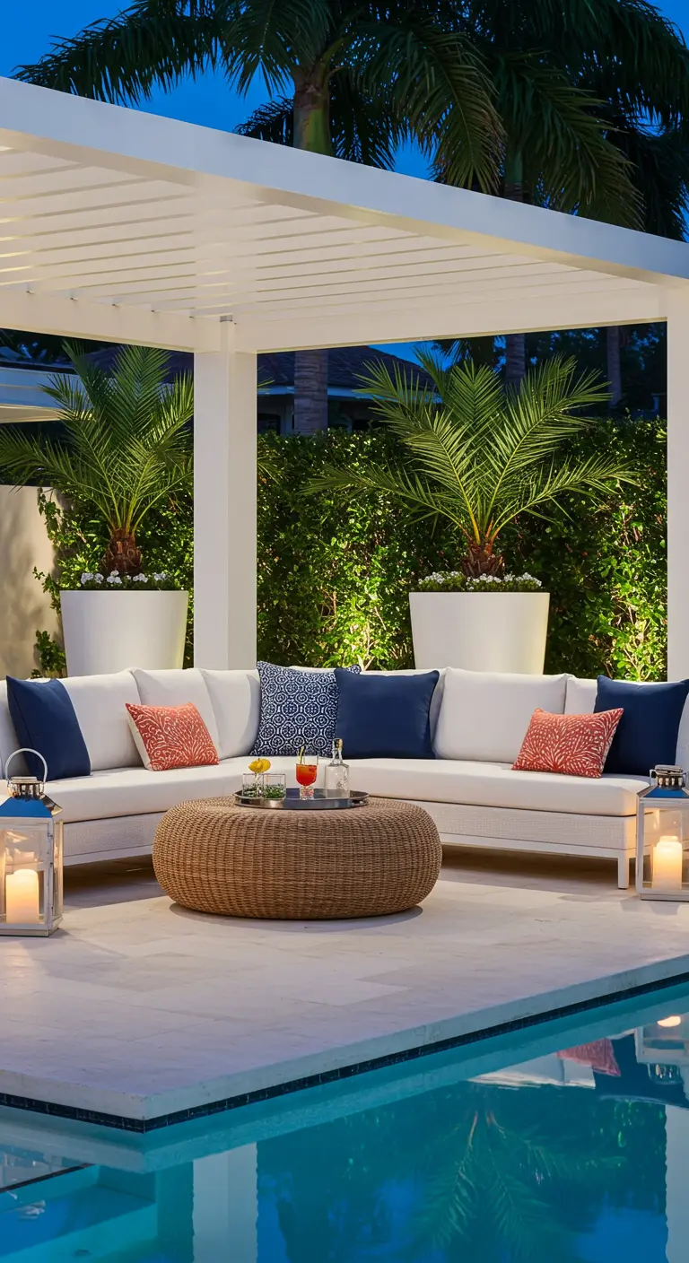 Witte loungeset met blauwe kussens bij een zwembad onder een witte pergola.