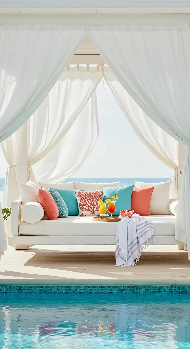 Wit loungebed met turquoise en koraalrode kussens en een gestreept plaid bij een zwembad.