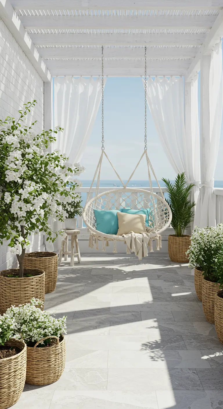 Witte macramé hangstoel onder witte pergola met witte gordijnen en zeezicht.