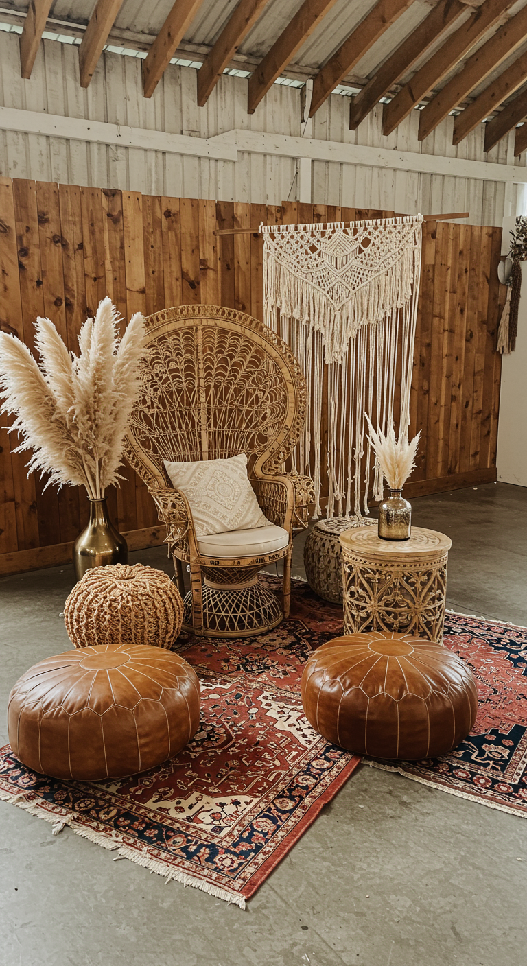 Boho fotohoek met pauwenstoel, macramé, pampasgras en leren poefs.