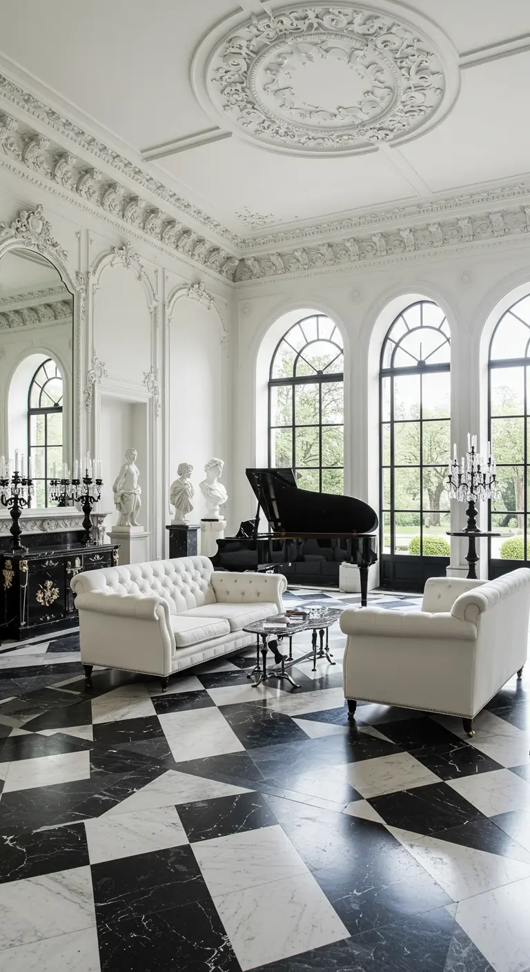 Grote, klassieke woonkamer met zwart-wit geblokte marmeren vloer en witte Chesterfield banken.