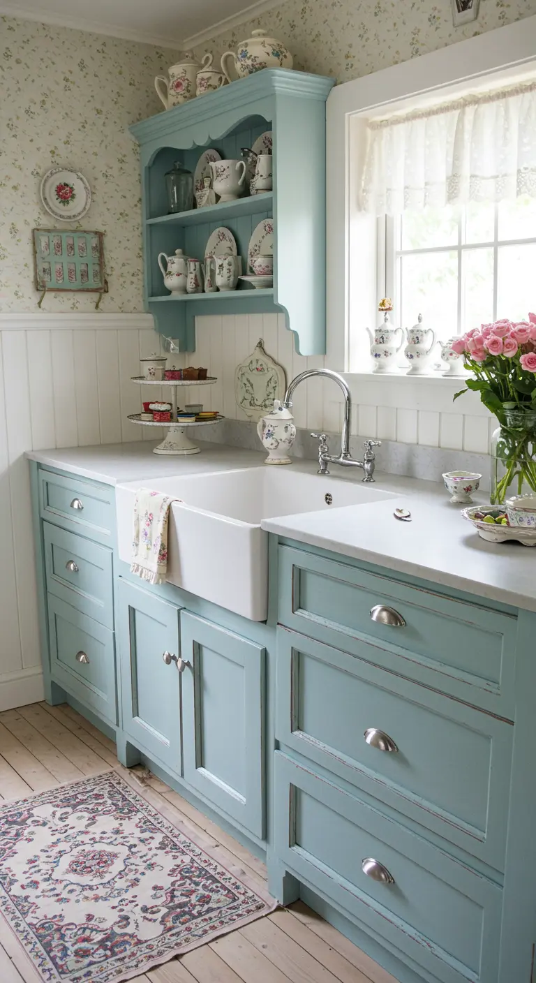 Romantische cottage keuken met lichtblauwe kasten en bloemetjesbehang.