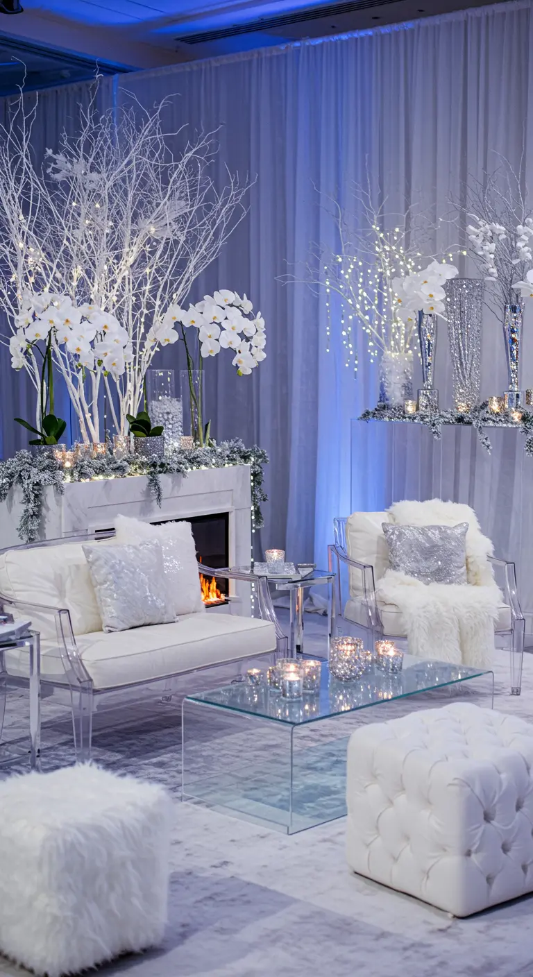 Winter wonderland lounge met witte banken, faux fur, glazen tafels en witte takken met lichtjes.