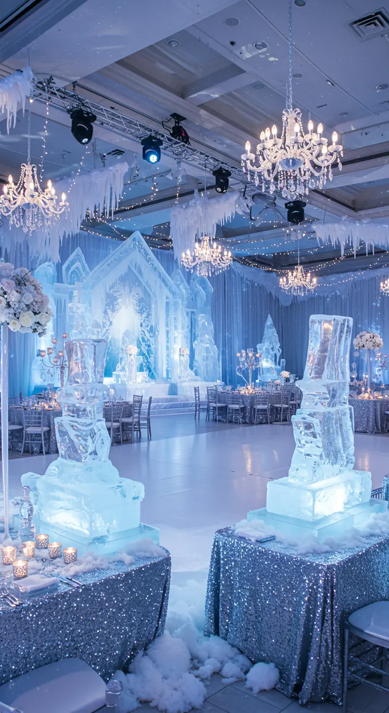 Winter thema bruiloft met ijs sculpturen, blauwe verlichting en kristallen kroonluchters.