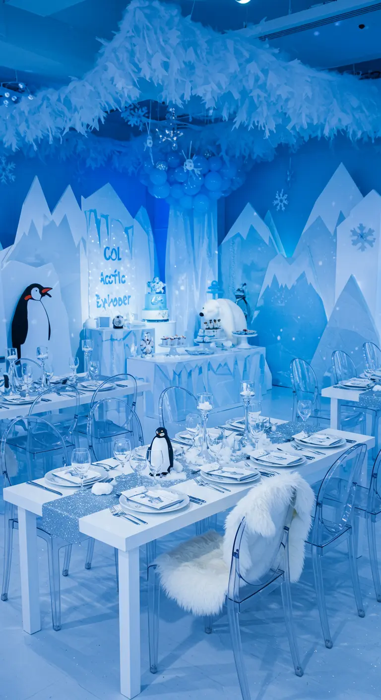 Winterwonderland kinderverjaardag met ijs thema en pinguïns.