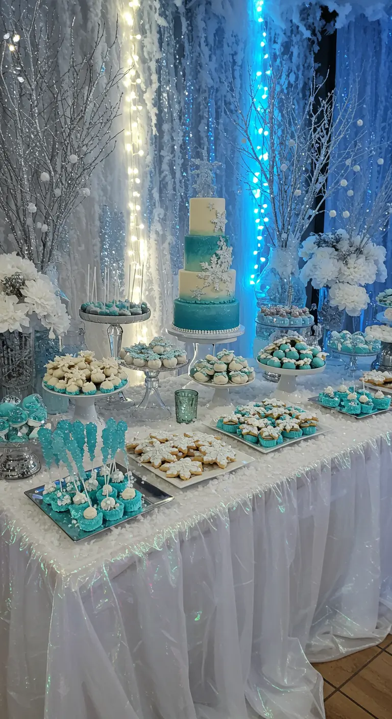 Winter wonderland desserttafel met blauw-witte taart, sneeuwvlokken en glitters.