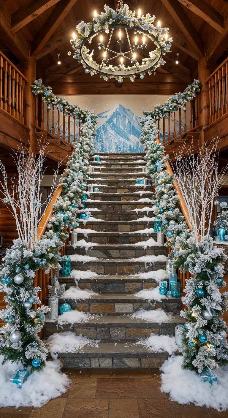 Feestelijke trapdecoratie met nepsneeuw, blauwe en zilveren kerstballen en verlichte takken.