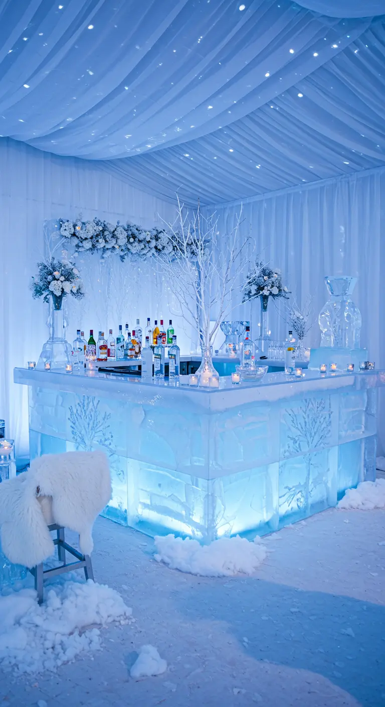 Bar volledig gemaakt van ijs, met blauwe verlichting, ijs sculpturen en witte decoratie.