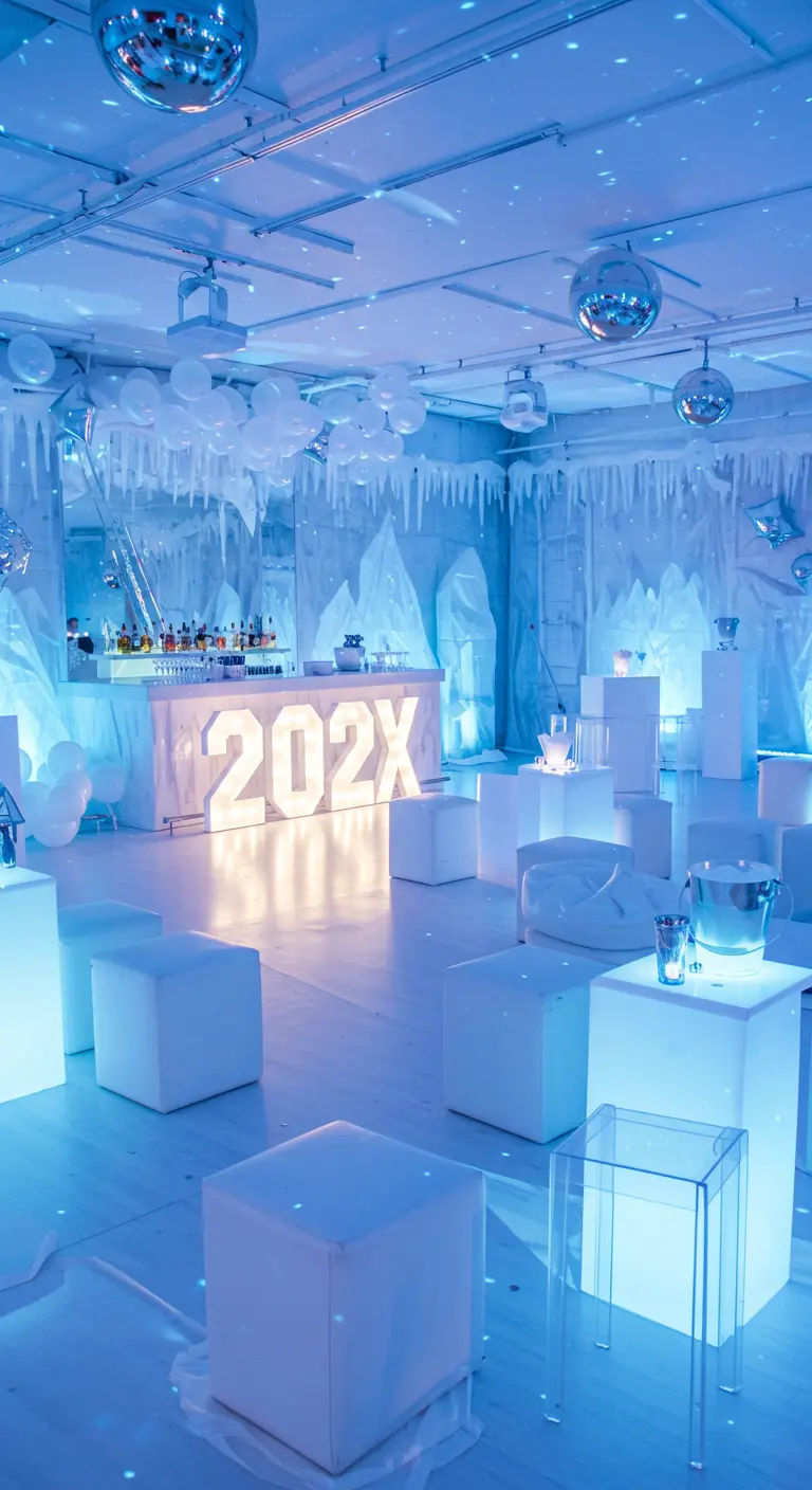 Feestruimte met ijsthema, blauw-wit licht, verlichte meubels en ijsdecoraties.