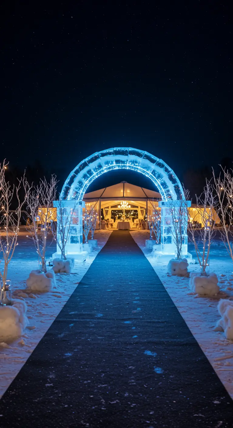 Winterse entree met ijssculpturen, blauwe verlichting en besneeuwde takken.