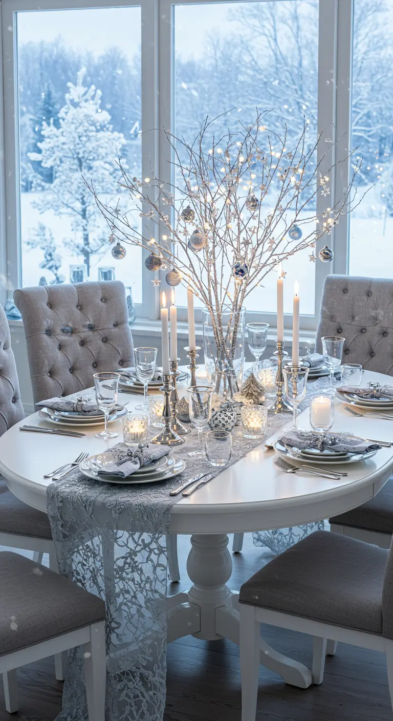 Ronde eettafel met witte en zilveren decoraties, verlichte takken en kerstballen.