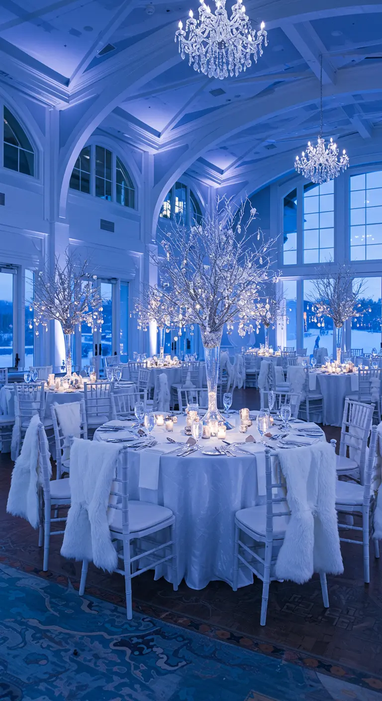 Witte balzaal met blauwe verlichting, witte meubels, bontdekens en kristallen takken.