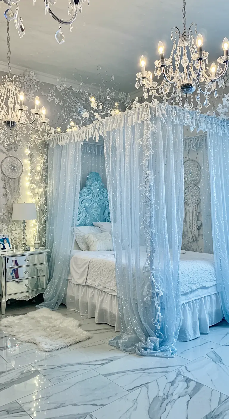 Witte en blauwe slaapkamer met kristallen kroonluchters, glitterluifels en dromenvangers.