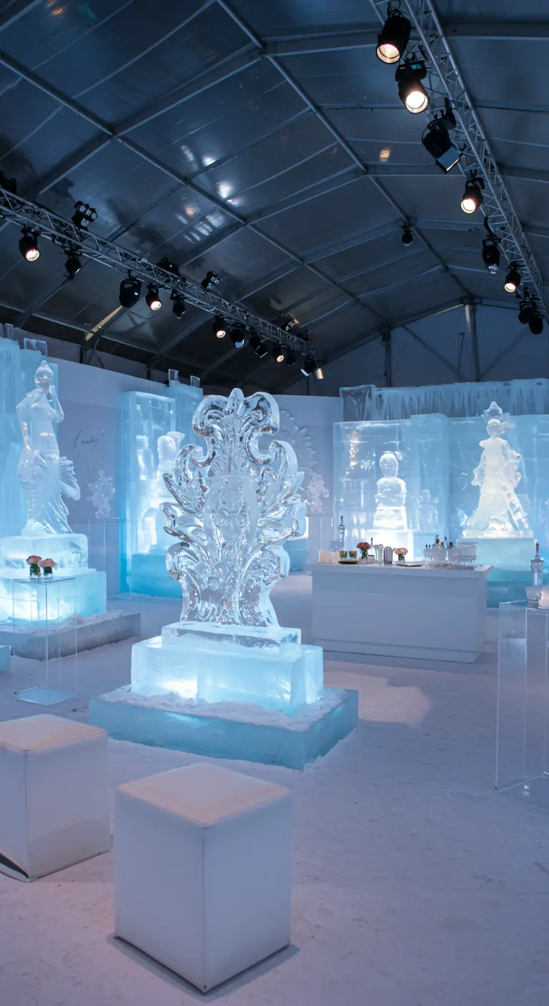 Evenement met ijssculpturen die van onderaf met wit licht worden aangelicht.