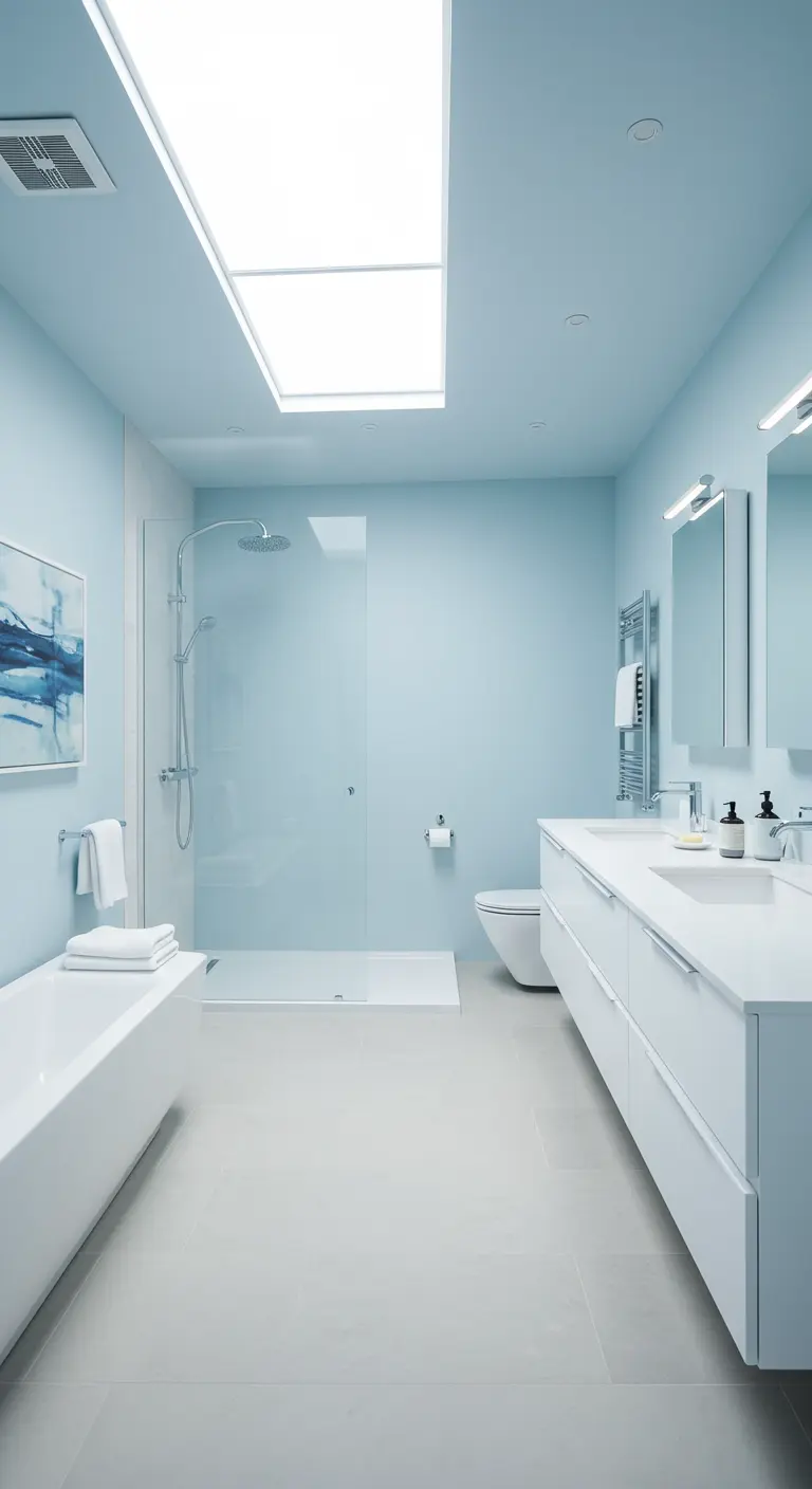 Minimalistische badkamer met ijzig lichtblauwe muren, wit sanitair en dakraam.